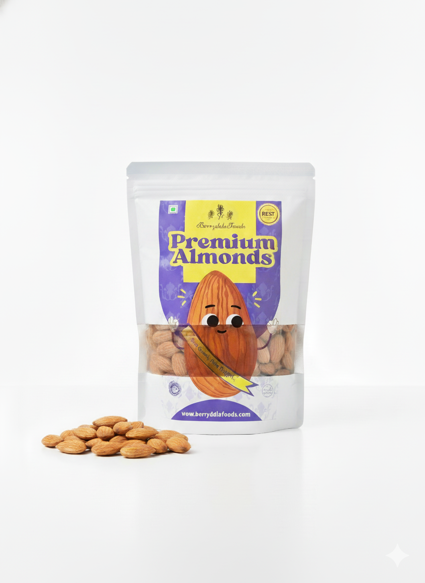 The front of the resealable 500 grams pouch for Berrydale Foods' Premium Almonds.