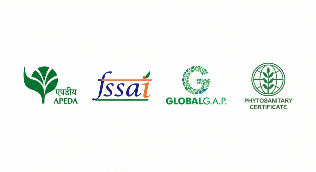 Authorized Agricultural Exporter India Certifications - APEDA, FSSAI, Global GAP, and Spices Board